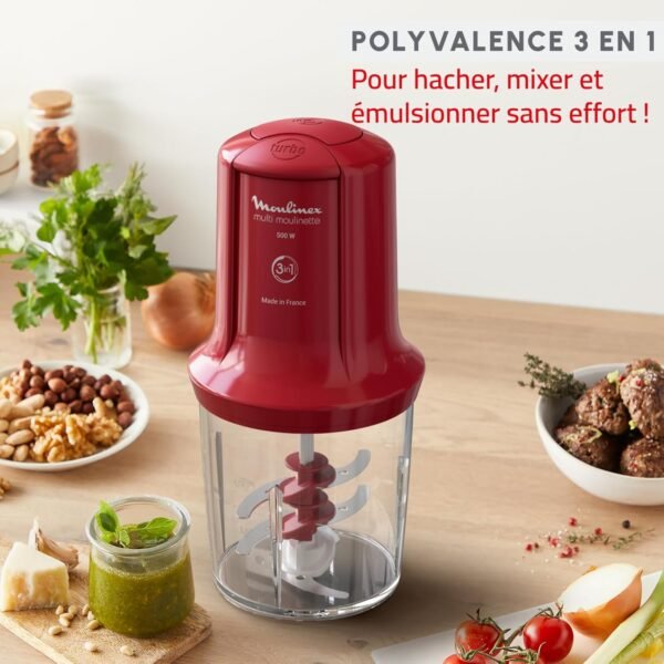 Moulinex, Mini Hachoir, Multimoulinette, 500 ml, 6 lames en acier inoxydables, AT714G32, Rouge Rubis