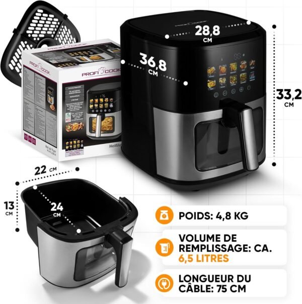 ProfiCook® Friteuse à air chaud, capacité 6,5 l, avec fenêtre isolée thermiquement, friteuse à air chaud sans huile et sans graisse, 1700 W, friteuse à air chaud pour une alimentation saine | Air
