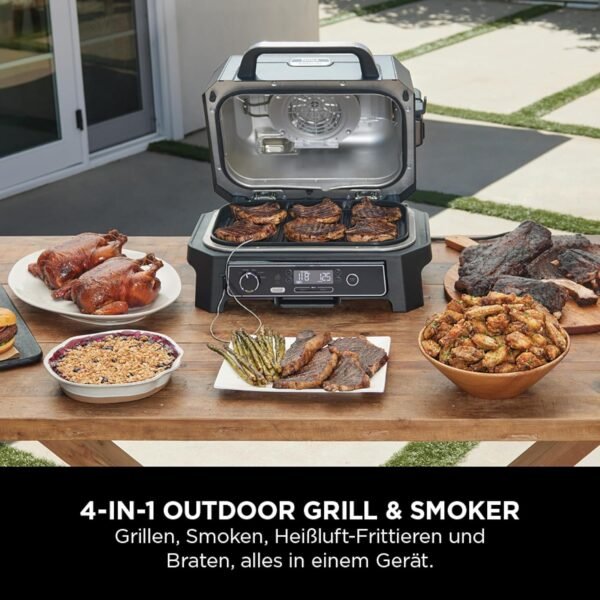 Ninja Woodfire Barbecue électrique et fumoir Pro XL avec thermomètre, barbecue et Air fryer d'extérieur 4-en-1 avec système Smart Cook et granulés Woodfire, portatif, gris/noir, OG850EU