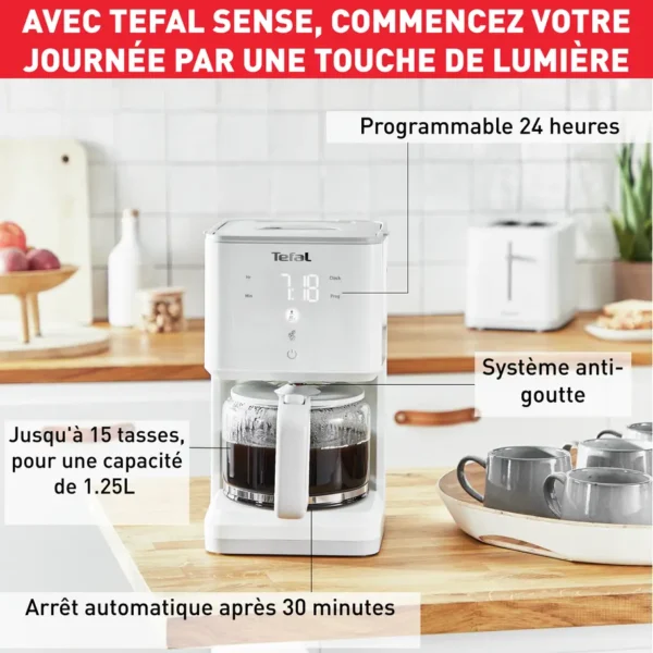 TEFAL Cafetière filtre SENSE Programmable, , écran numérique, 10-15 tasses, 1,25L, Auto-off 30 minutes CM693110
