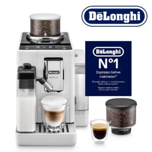 DeLonghi Rivelia EXAM440.55.W, Machine à Café Automatique avec LatteCrema Hot, Mousseur de Lait Automatique, Taille Compacte, 16 Recettes, Écran Tactile Couleur, Blanc Arctique