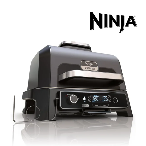 Ninja Woodfire Barbecue électrique et fumoir Pro XL avec thermomètre, barbecue et Air fryer d'extérieur 4-en-1 avec système Smart Cook et granulés Woodfire, portatif, gris/noir, OG850EU