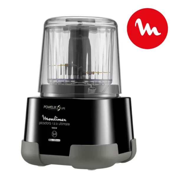 Moulinex 1.2.3 Ultimate ‎DP8158 Hachoir électrique et mixeur avec bol en verre 1000 W Powelix, capacité 350 g/550 ml, revêtement titane noir