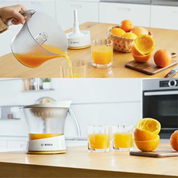 Bosch VitaPress MCP3000N  Presse-Agrume avec grand réservoir amovible de 800 ml  Excellente extraction du jus  Sans BPA  Couleur : Blanc/Jaune