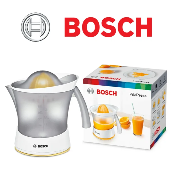 Bosch VitaPress MCP3000N  Presse-Agrume avec grand réservoir amovible de 800 ml  Excellente extraction du jus  Sans BPA  Couleur : Blanc/Jaune