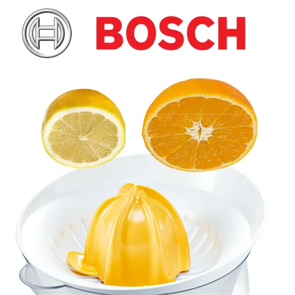 Bosch VitaPress MCP3000N  Presse-Agrume avec grand réservoir amovible de 800 ml  Excellente extraction du jus  Sans BPA  Couleur : Blanc/Jaune