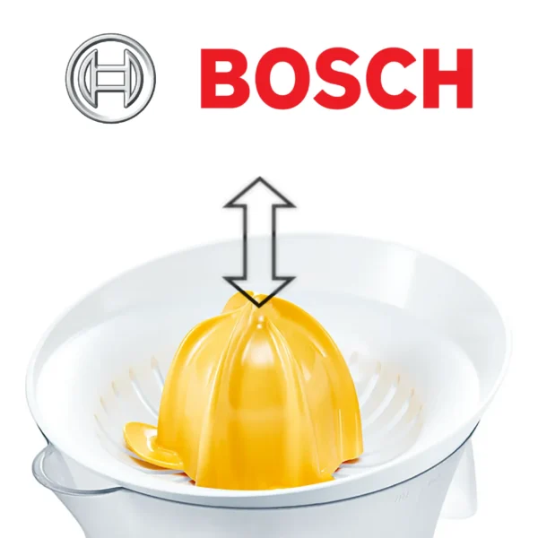Bosch VitaPress MCP3000N  Presse-Agrume avec grand réservoir amovible de 800 ml  Excellente extraction du jus  Sans BPA  Couleur : Blanc/Jaune
