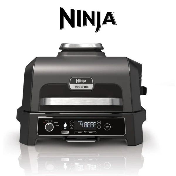 Ninja Woodfire Barbecue électrique et fumoir Pro XL avec thermomètre, barbecue et Air fryer d'extérieur 4-en-1 avec système Smart Cook et granulés Woodfire, portatif, gris/noir, OG850EU