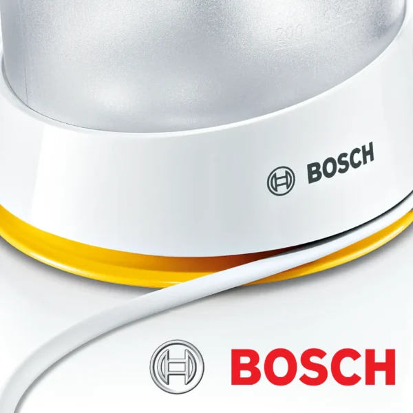 Bosch VitaPress MCP3000N  Presse-Agrume avec grand réservoir amovible de 800 ml  Excellente extraction du jus  Sans BPA  Couleur : Blanc/Jaune