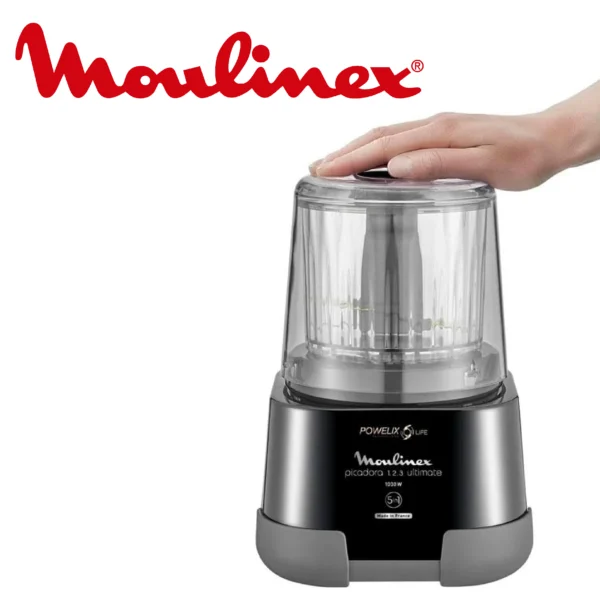 Moulinex 1.2.3 Ultimate ‎DP8158 Hachoir électrique et mixeur avec bol en verre 1000 W Powelix, capacité 350 g/550 ml, revêtement titane noir