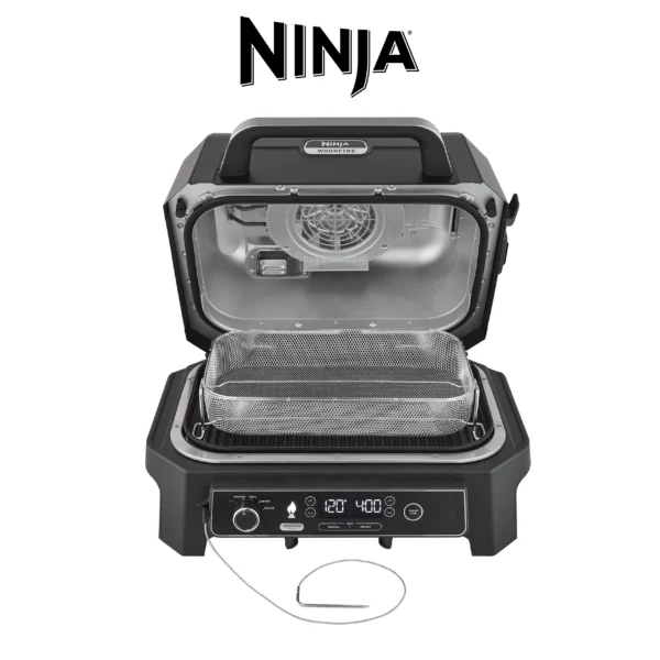 Ninja Woodfire Barbecue électrique et fumoir Pro XL avec thermomètre, barbecue et Air fryer d'extérieur 4-en-1 avec système Smart Cook et granulés Woodfire, portatif, gris/noir, OG850EU