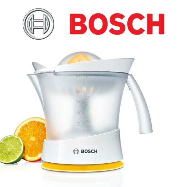 Bosch VitaPress MCP3000N  Presse-Agrume avec grand réservoir amovible de 800 ml  Excellente extraction du jus  Sans BPA  Couleur : Blanc/Jaune