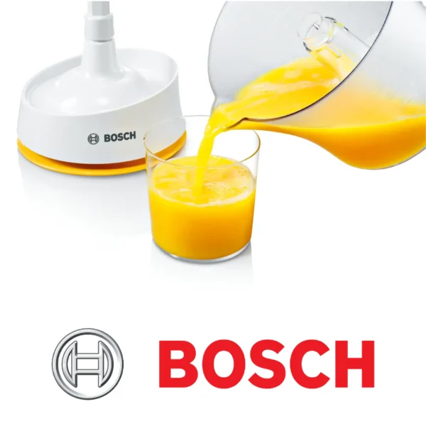 Bosch VitaPress MCP3000N  Presse-Agrume avec grand réservoir amovible de 800 ml  Excellente extraction du jus  Sans BPA  Couleur : Blanc/Jaune