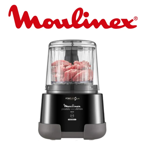 Moulinex 1.2.3 Ultimate ‎DP8158 Hachoir électrique et mixeur avec bol en verre 1000 W Powelix, capacité 350 g/550 ml, revêtement titane noir