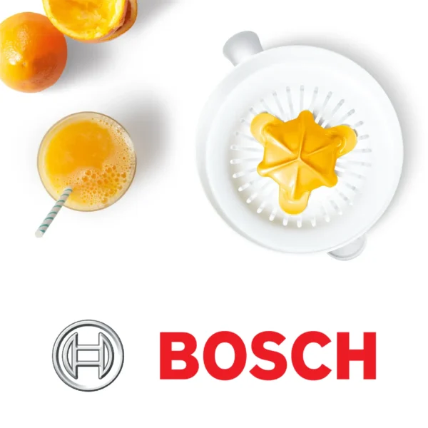 Bosch VitaPress MCP3000N  Presse-Agrume avec grand réservoir amovible de 800 ml  Excellente extraction du jus  Sans BPA  Couleur : Blanc/Jaune