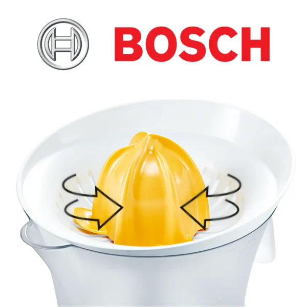 Bosch VitaPress MCP3000N  Presse-Agrume avec grand réservoir amovible de 800 ml  Excellente extraction du jus  Sans BPA  Couleur : Blanc/Jaune