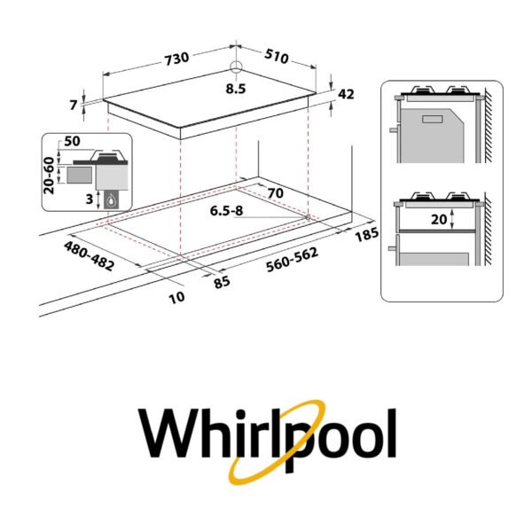Whirlpool Table de Cuisson  Plaque Gaz 5 Feux 75cm GMWL 728/IXL  FR