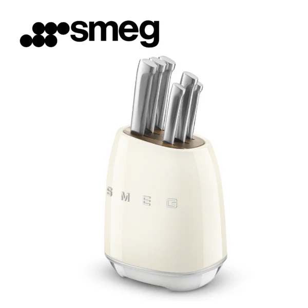 Bloc à couteaux Smeg KBSF02CR, 6 couteaux inclus, en acier inoxydable, corps du bloc et fente pour couteaux en acier inoxydable, bois d'acacia, couleur crème