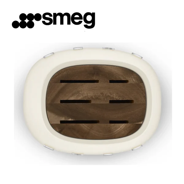 Bloc à couteaux Smeg KBSF02CR, 6 couteaux inclus, en acier inoxydable, corps du bloc et fente pour couteaux en acier inoxydable, bois d'acacia, couleur crème