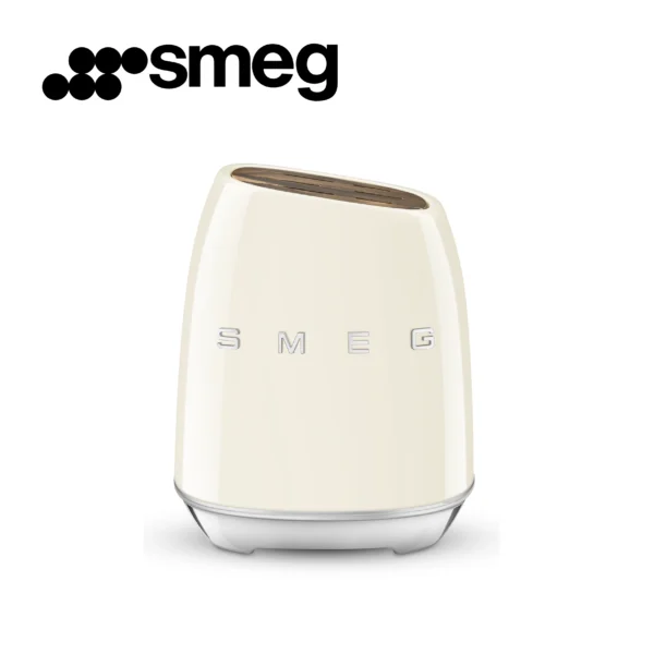 Bloc à couteaux Smeg KBSF02CR, 6 couteaux inclus, en acier inoxydable, corps du bloc et fente pour couteaux en acier inoxydable, bois d'acacia, couleur crème