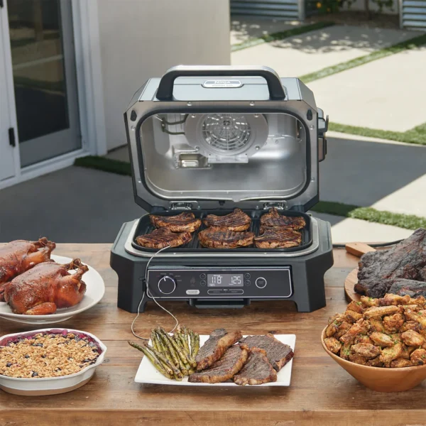 Ninja Woodfire Barbecue électrique et fumoir Pro XL avec thermomètre, barbecue et Air fryer d'extérieur 4-en-1 avec système Smart Cook et granulés Woodfire, portatif, gris/noir, OG850EU