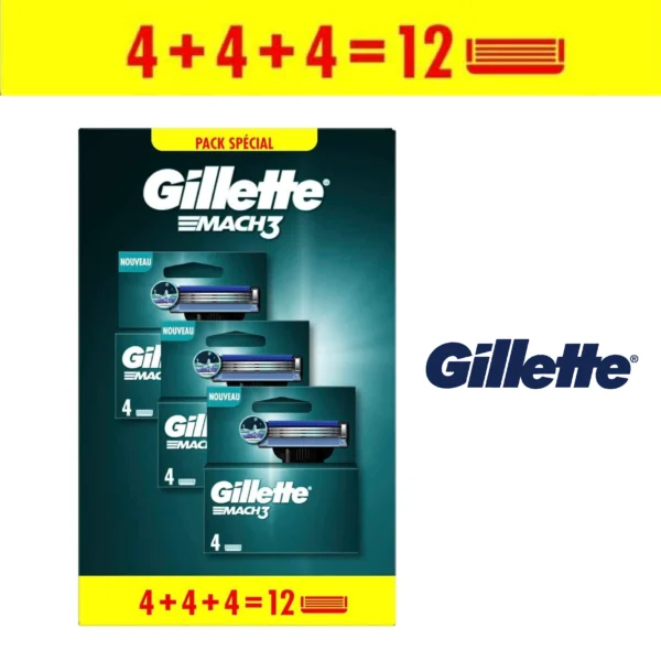 Gillette Mach3 Recharges De Lames De Rasoir Pour Homme, 12 Recharges De Lames, Pack 4 x 3 Lames, Rasage Confortable