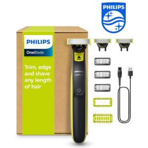 Philips OneBlade 360 Authentique Visage + Corps - Tondeuse à barbe électrique, tondeuse corps et rasoir avec technologie de lame 360, 2 lames 360, 3 sabots barbe de 3 jours, 1 kit Corps, QP2824/31