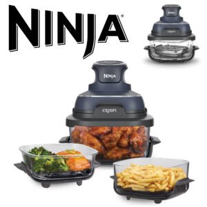 NINJA CRISPi SANS PFOA Air Fryer Design Compact, 2 Capacités Interchangeables en Verre avec Couvercles, Capacité 3,8L ou 1,4L, 4-en-1, Pièces Amovibles lavables au lave-vaisselle,  Gris FN101EUGY