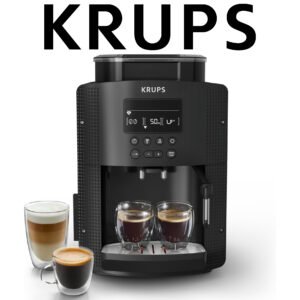 Krups Essential, Machine à café grain, Expresso automatique, 2 tasses simultanées, Ecran LCD, Nettoyage automatique, Buse vapeur Cappuccino, Cafetière espresso, Noire, YY8135FD
