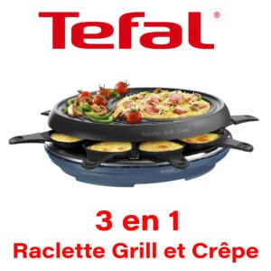 Tefal Raclette Colormania 3 en 1 Appareil à Raclette Grill et Crêpe, Revêtement Antiadhésif Easy Plus, 8 Coupelles, Compatible Lave-Vaisselle, 1050 W, Bleu Acier RE310401