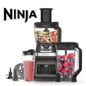 Ninja 3en 1 Robot de cuisine et mixeur avec 5 programmes: Mixer, Mixer Max, Hacher, Mélanger, Purée, Bol 1,8L, Cruche 2,1L, Tasse 700ml, 1200W, lavables au lave-vaisselle, Auto-iQ, Noir BN800EU