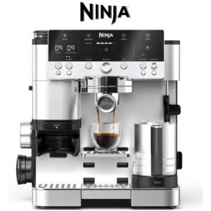 NINJA Machine à café Luxe Premier 3-en-1, Latte, Cappuccino, Infusion à froid et Espresso avec broyeur à grains et mousseur à lait intégrés, facile à utiliser, 4 préréglages mousse, argent, ES601EU
