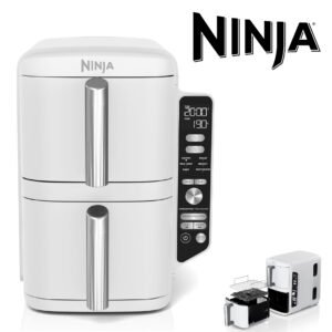 NINJA Double Stack XL Air Fryer, Friteuse sans huile Verticale Double Tiroir 4 Niveaux de Cuisson, 2 Tiroirs, 2 Grilles, Capacité de 9,5 L, 6 Fonctions, 8 Portions, Pinces, Blanc SL400EUWH