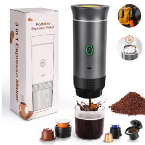 Machine Espresso Électrique Portable 3-en-1 café moulu, capsules Nespresso et Dolce Gusto chauffe 60 ml d’eau jusqu’à 90°C en 5 minutes