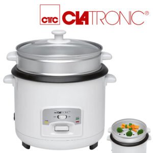 Clatronic Appareil Électroménager 2 en 1 - Cuiseur Riz à Revêtement Anti-adhesif - Cuiseur à Vapeur - Avec Panier à Étuver en Aluminium - RK 3566 Blanc